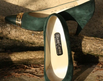 UNIQUE ROLAND CARTIER green suede & leather pumps heels with egyptian golden steel detail 38