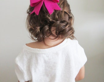 Fuchsia Felt Bow Clip - LARGE Girls Bow - Felt Bow with Gold Glitter Center on Alligator Clip