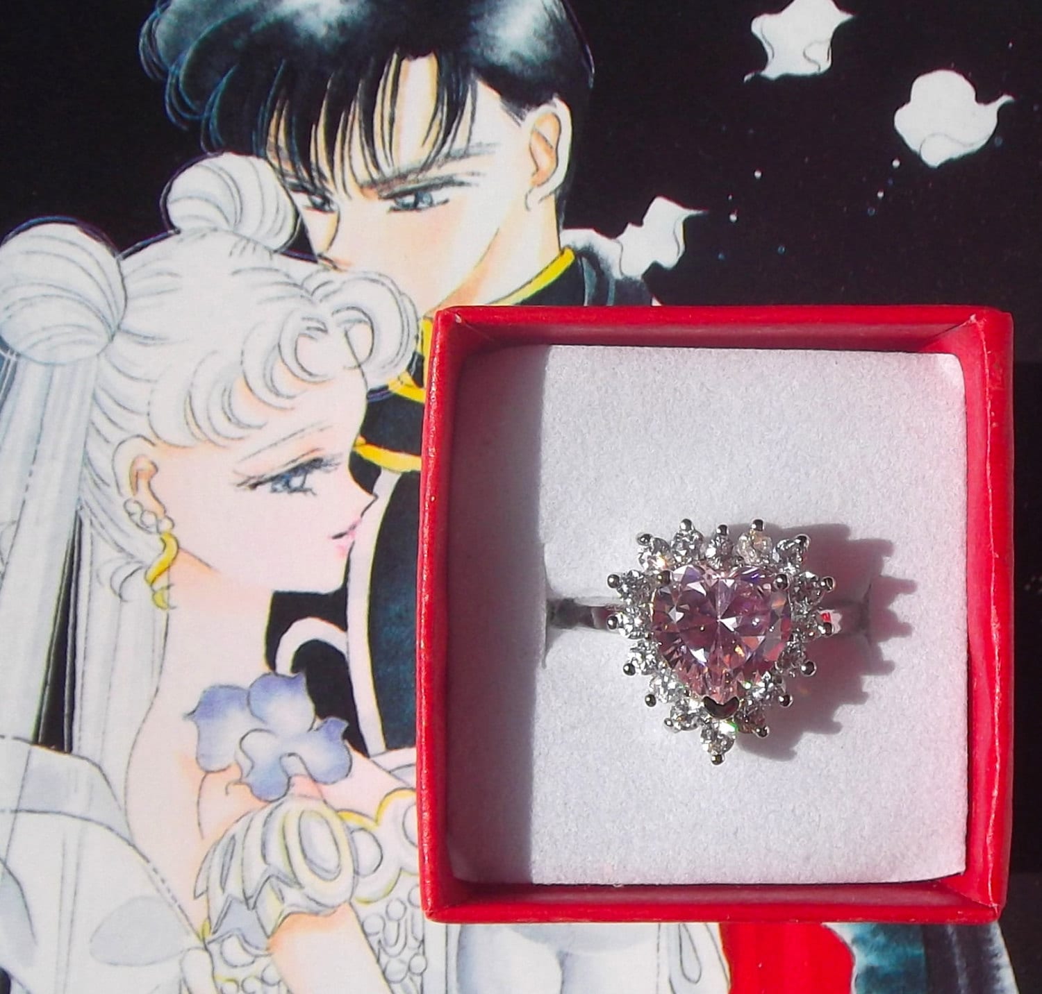 Sailor Moon Usagi Tsukino pink heart engagement ring size 6 7