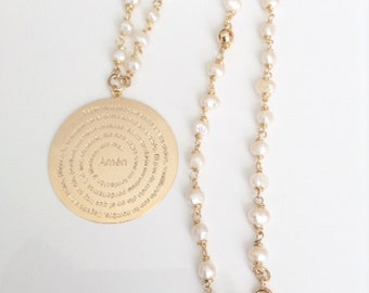 Our Father Prayer Gold Rosary Pearl Necklace, Delicate White Freshwater pearl Rosary, Gold filled, Our father Prayer Medal, Padre Nuestro