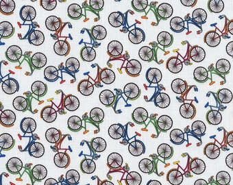 Bicycle Fabric, Timeless Treasures C1903 Mini Bicycles, Cruiser Bike Fabric, Retro Bicycles, Bicycle Quilt Fabric, Red, Green, Blue, Cotton