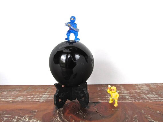 Vintage Black Glass World Globe Paperweight With Stand