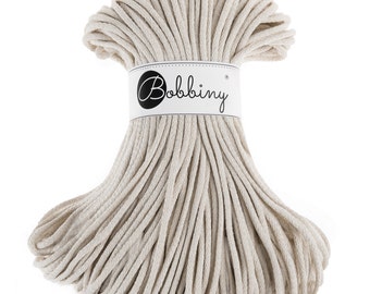 5mm Bobbiny Cotton Cord 108 yards (100 meters) - Natural; macrame cord, chunky yarn, cotton rope
