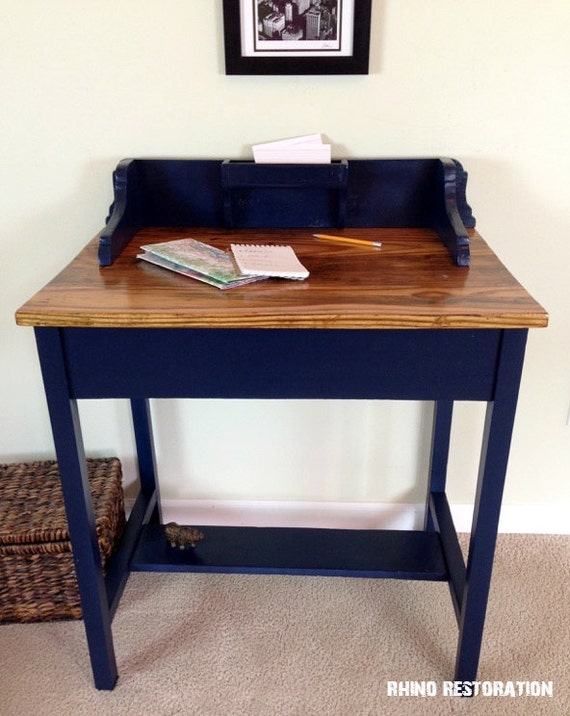 Navy Blue Farmhouse Style Desk with Refinished Wood Top Side Navy Blue Farmhouse Style Desk with Refinished Wood Top Side