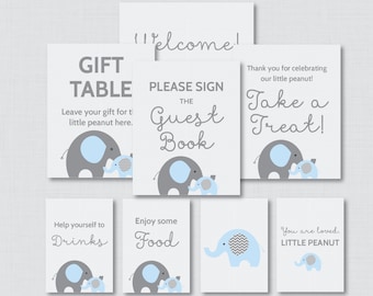 Printable Elephant Baby Shower Table Signs - EIGHT Signs! Welcome Sign, Favors Sign, etc - Instant Download - Blue and Gray Signs 0024-B
