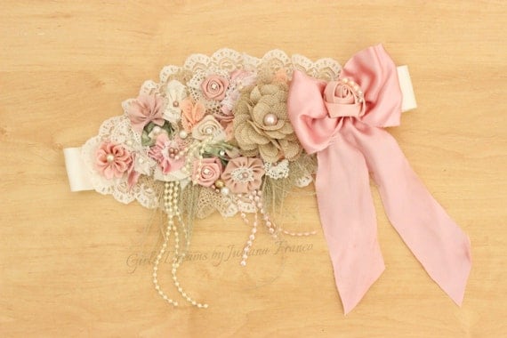 Vintage Pink Maternity Sash Pink Flower Sash Bridal by GirlsDreams