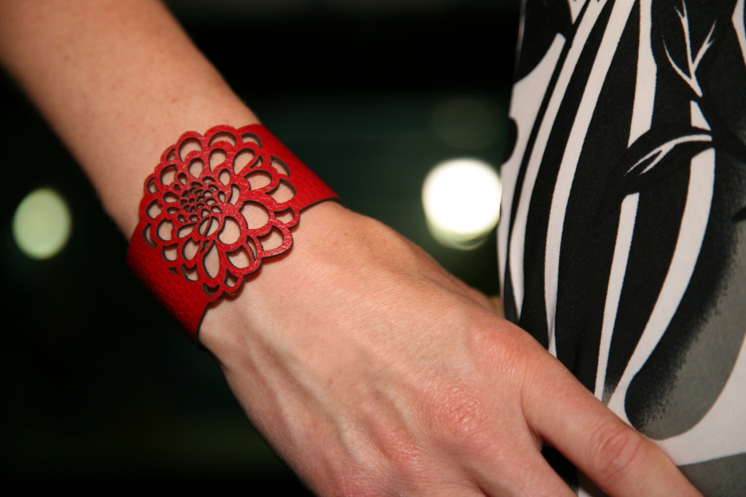 Dahlia flower leather cuff bracelet. Laser cut leather