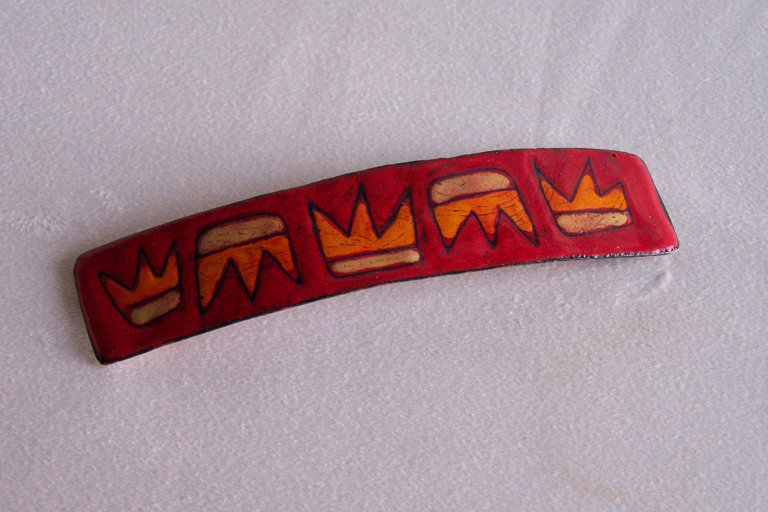 Barrette hair enamel on copper vintage 5 crowns orange and 