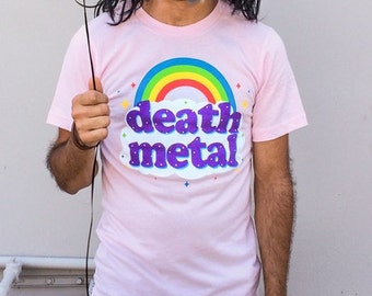 Death Metal Rainbow (GT2999-101LPK) Men's T-shirt. Rainbows, death metal, heavy metal, mens pink t-shirts, funny t-shirts, funny mens shirt.