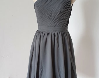 2015 One-shoulder Charcoal Grey Chiffon Short Bridesmaid Dress