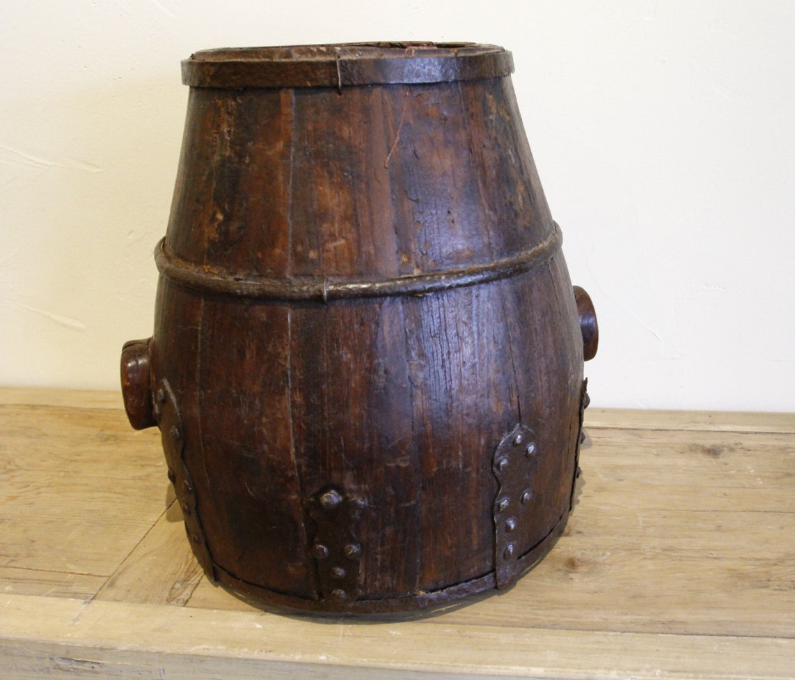 Large Antique Narrow Top Wood Bucket, Vintage Rustic Bucket Haute Juice