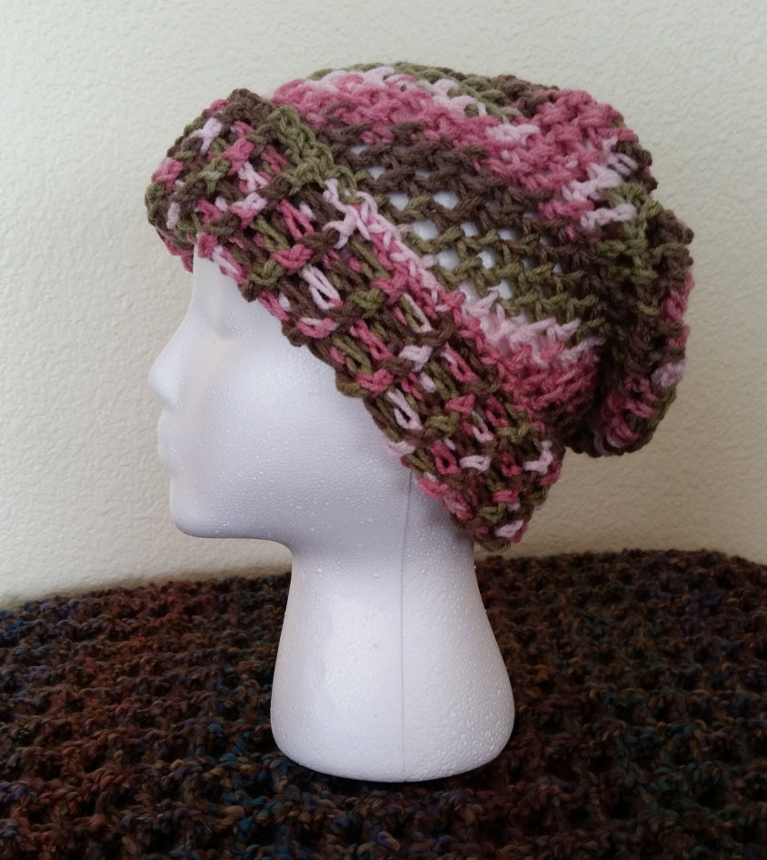 Crochet Pink Camo Beanie Woman's Crochet Hat Pink and