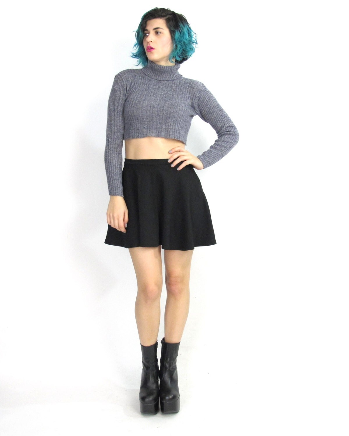 90s Turtleneck Sweater Crop Top Midriff Cropped Sweater Grey