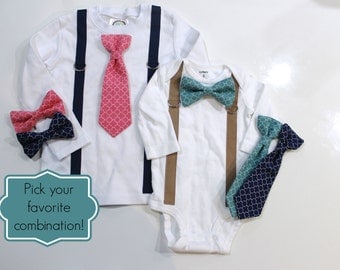 Teal Coral Navy Baby Boy Clothes. Quatrefoil Tie and Suspenders. Newborn Boy Photo Outfit. Toddler Boy Clothes 2t 3t 4t.