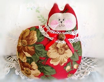 Cat Pillow Doll, Cloth Doll 7 inch, Red Tan Green Floral Fabric, Primitive Soft Sculpture Handmade CharlotteStyle Decorative Folk Art