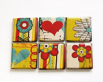 Square Magnets, Flower Magnets, Fridge Magnets, Kitchen Magnets, Magnets, button magnets, Flowers, Floral, abstract design (4609)