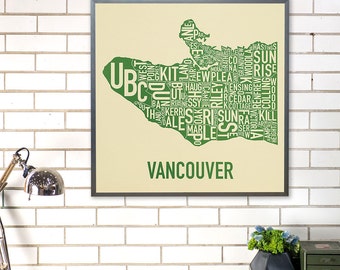 Vancouver Neighbourhood Map Poster or Print, Original Artist of Type City Neighborhood Map Designs, Typography Map Art