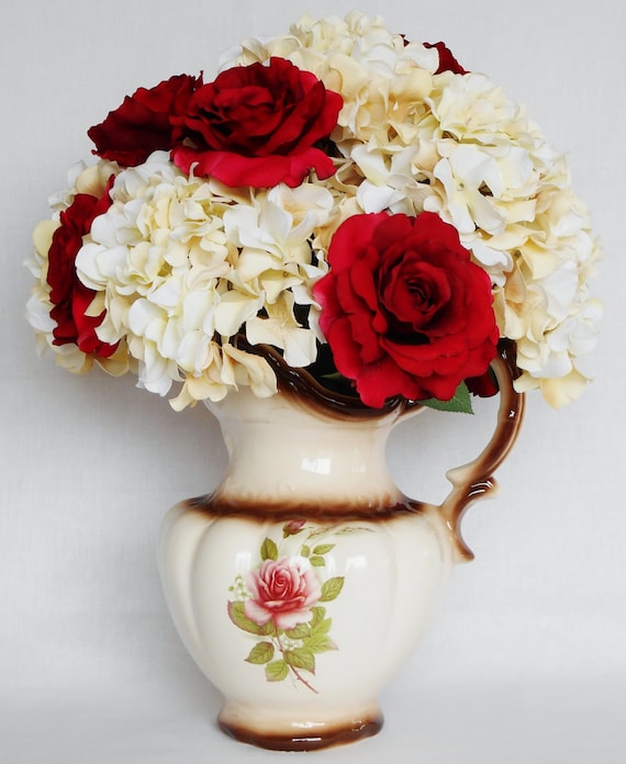 Artificial Flower Arrangement Red Roses Cream Hydrangea