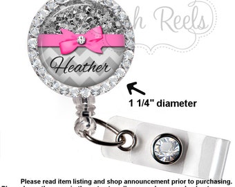 Retractable Badge Holder - Personalized Gray Glitter Chevron Badge ID Reel, Rhinestone Badge Reel - Bling Badge Reel - 0020
