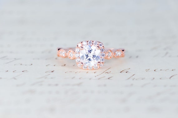 Rose Gold Engagement Ring - Cushion Cut Halo Ring - Art Deco Ring - Promise Ring - Vintage Ring - Wedding Ring - Sterling Silver