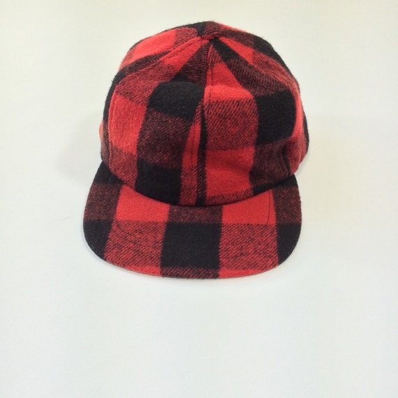 Sale 70s Wool Plaid Hat Snapback Red and Black Lumberjack