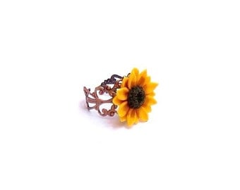 Sunflower Ring, Adjustable Ring, Shabby Chic Cocktail Ring, Handmade Gifts Bridal Jewelry Bridesmaids Accessories