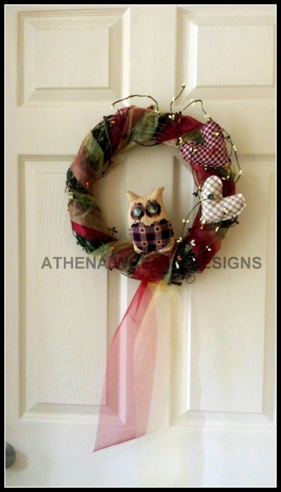 Owl Door Wreath Primitive Wreath Owl Wreath by AthenaWreathDesigns