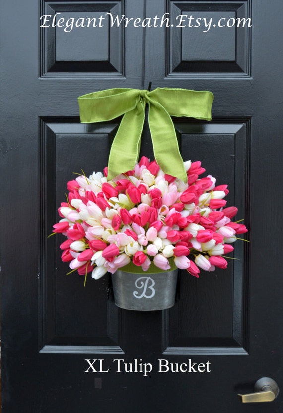 SPRING WREATH SALE Monogram Spring Tulip Wreath- Xl Tulip Door Bucket Wreath Alternative- Tulip Wreath- Gift for Mom- Wreath for Spring- Cus
