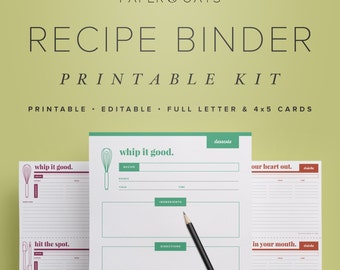 Recipe Binder Printable Kit, Editable DIY Recipe Box Organization PDF Set, 4x5 Cards and Full Letter Pages // Household PDF Printables