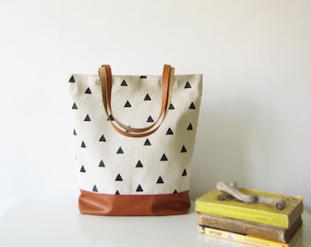 Canvas Tote bag, Hand stamped , Geometry, Triangles, Book bag, Shopping bag, Casual tote, School bag, Toffee
