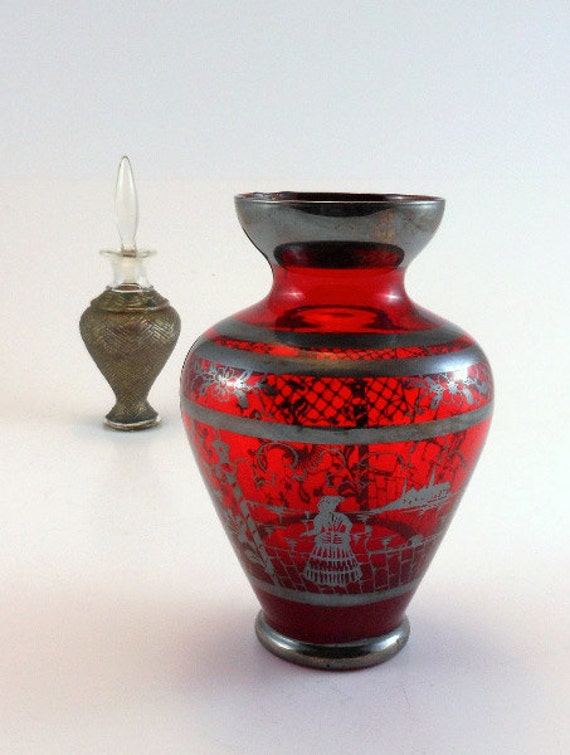 Ruby Glass Vase Silver Overlay Decoration Venice Canal
