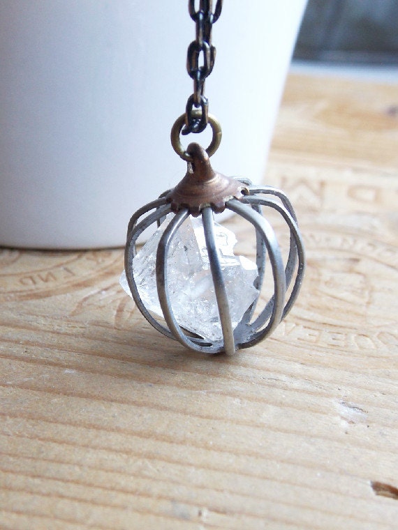 Raw Herkimer Diamond Necklace, Ephemeral Vintage Cage stone Pendant ...