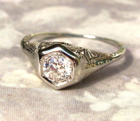 ... Deco Engagement Ring 18K White Gold Filigree Ring Antique Wedding Ring