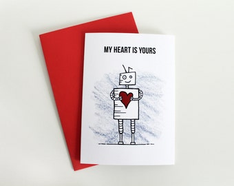 My Heart Is Yours, Robot Valentines Card, Cute Greeting Card, Valentines Love Card, Geek Valentine Art, Romantic Valentine Card