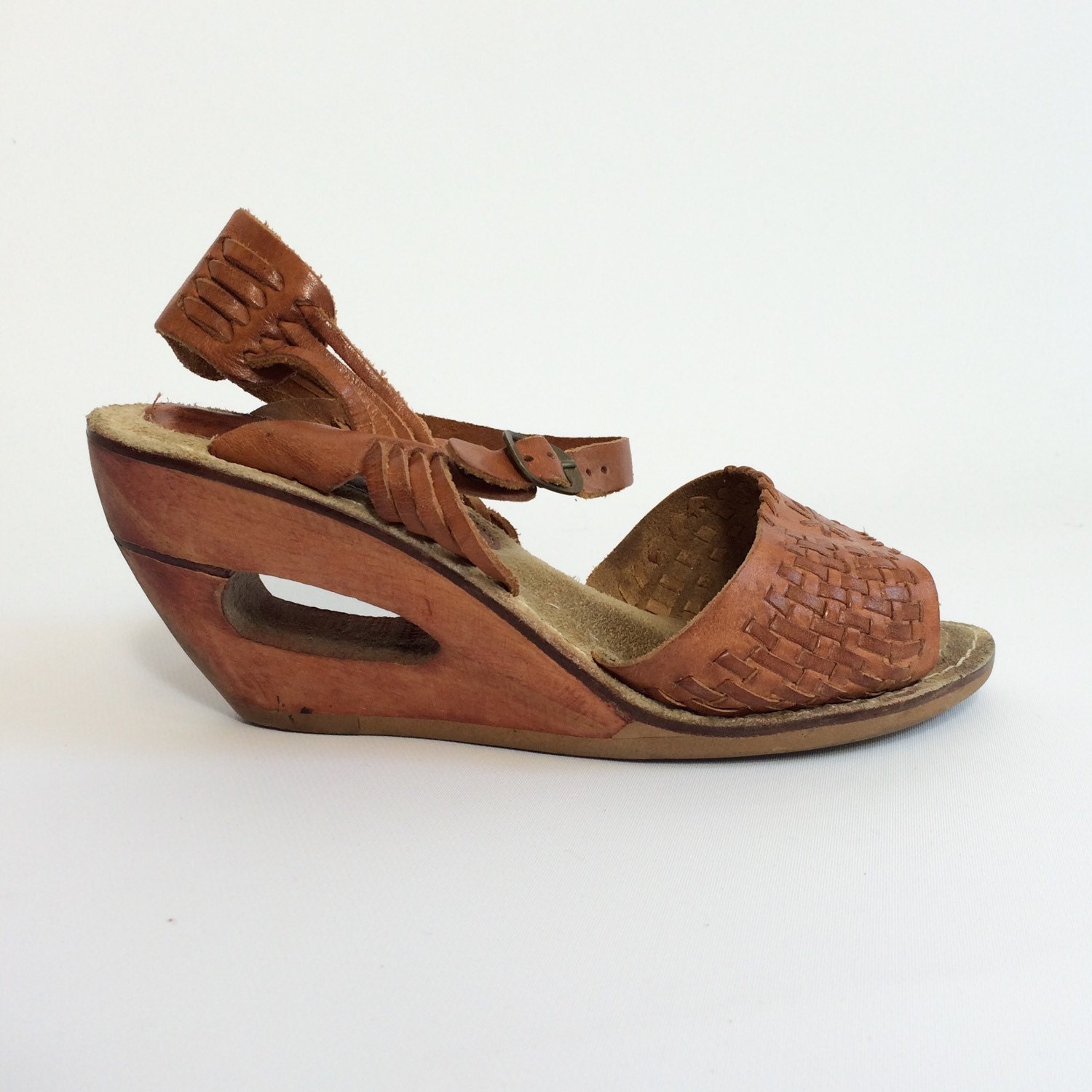 SALE 70s Cutout Wood WEDGE Sandals size 5 Wood Heel Boho