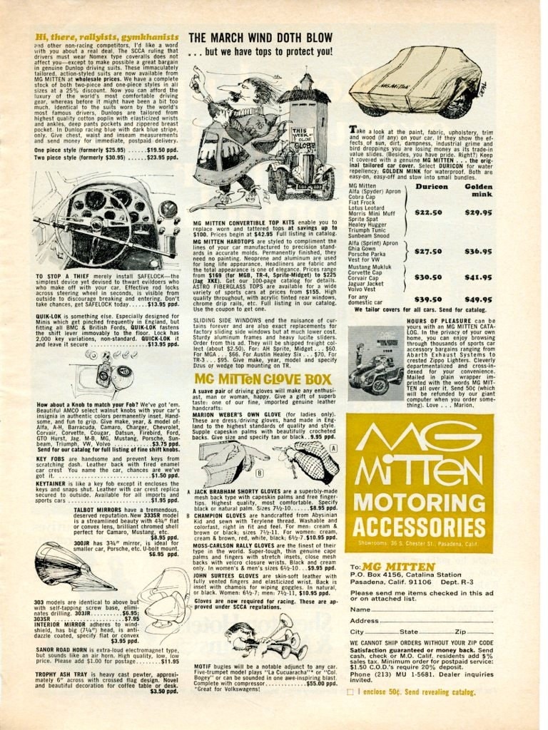 1968 MG Mitten Motoring Accessories two page ad illustrated by Dave