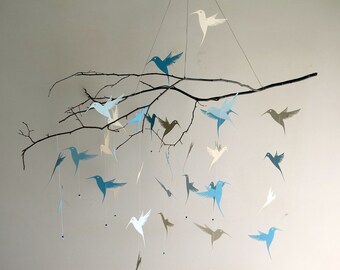 Hummingbird Mobile - custom colors,mobiles,home decor,nursery mobile,kids,gifts,blue mobile,branch mobile,hanging mobile,bird mobile