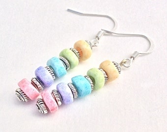 Candy Crush Saga Beaded Earrings, Rainbow Pastel Beaded Drop Earings, Blue Green Pink Dangle Earrings Women Novelty Jewelry