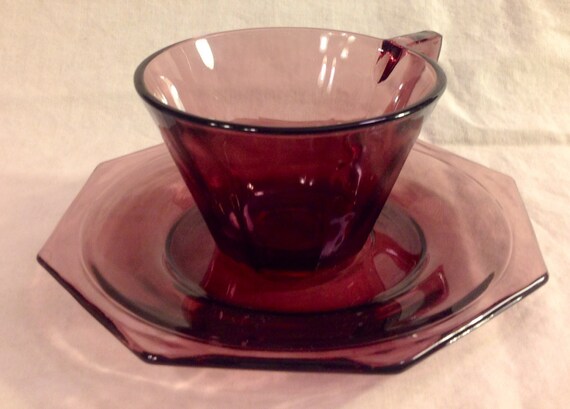 cups vintage Two glass  Amethyst Moroccan Sets Cups Saucers Vintage Glass saucers and and