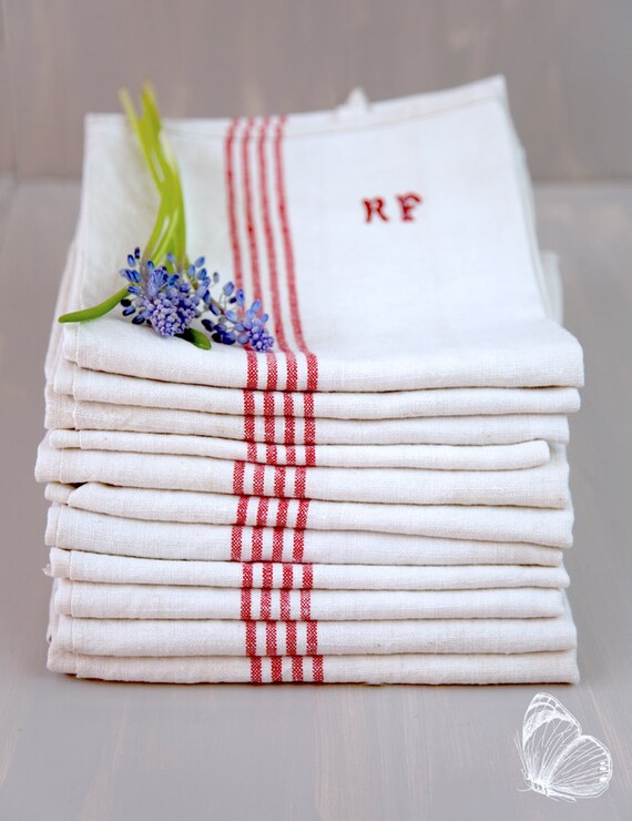 2 Vintage French Tea Towels Pure Linen Unused