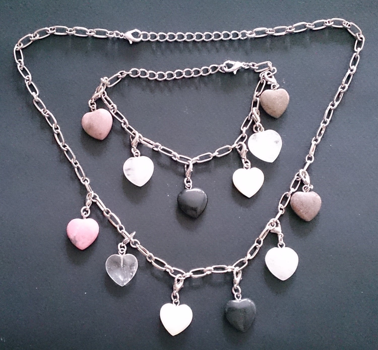Mixed Crystal Heart Necklace & Bracelet Set Rhodonite