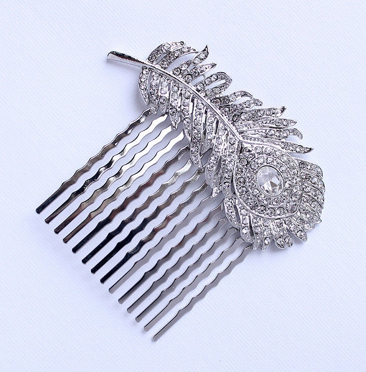 Crystal Feather Hair Comb Rhinestone Silver Comb Wedding