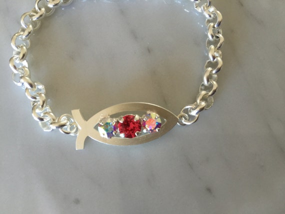 Matte Silver SALE ** Fish Symbol Pink Crystal Woman's Bracelet