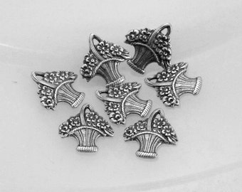 6pcs--Basket of Flowers, Metal Stampings, Antique Silver, 14x15mm (B10-20)