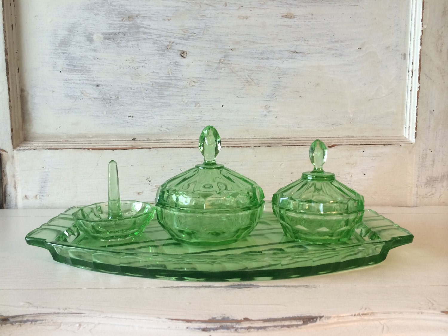 Green Depression Glass Vanity Set