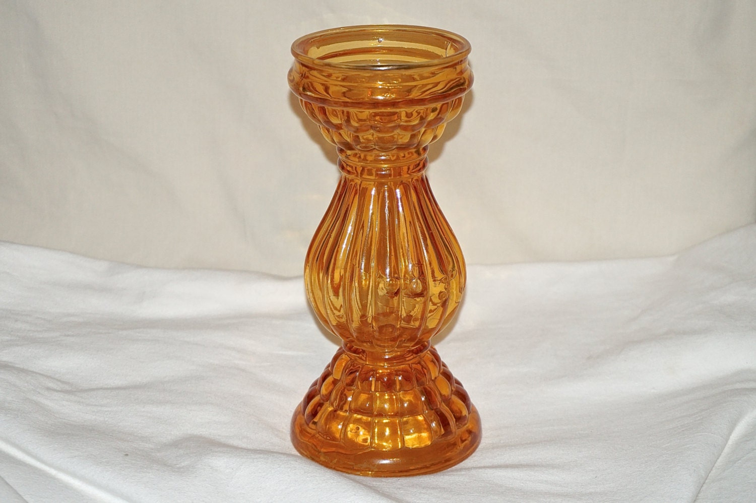 Vintage Thick Amber Yellow Glass Pillar Candle Holder 9 3/8