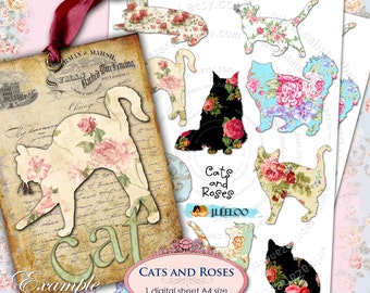 CATS AND ROSES png file digital collage sheet - large digital papers texture for scrapbooking jpg art - instant download printable - pp119