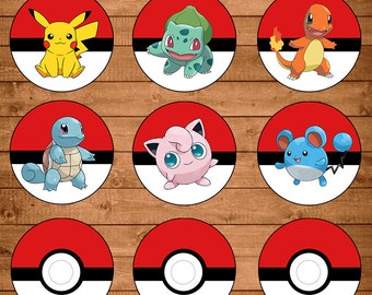 Pokemon Cupcake Toppers Red & White - Pokemon Stickers - Pokemon Party Favors - Pokemon Printables
