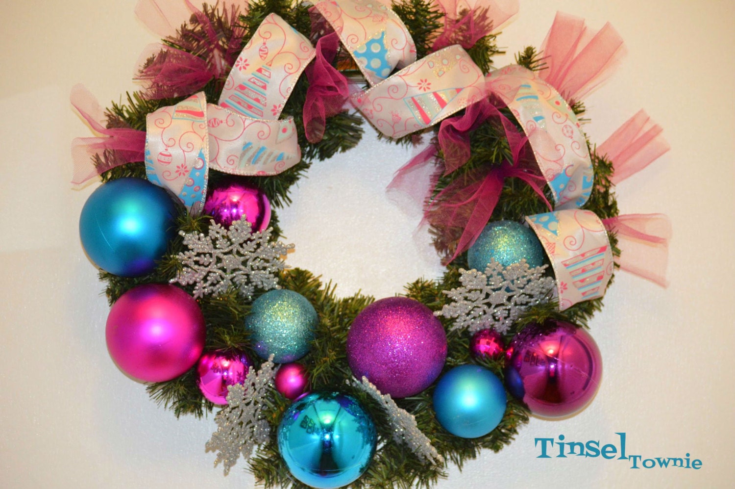 Fuchsia and Teal Snowflake Wreath; Christmas Wreath, Holiday Wreath, Ribbon Wreath, Glitter Wreath, Artificial Wreath