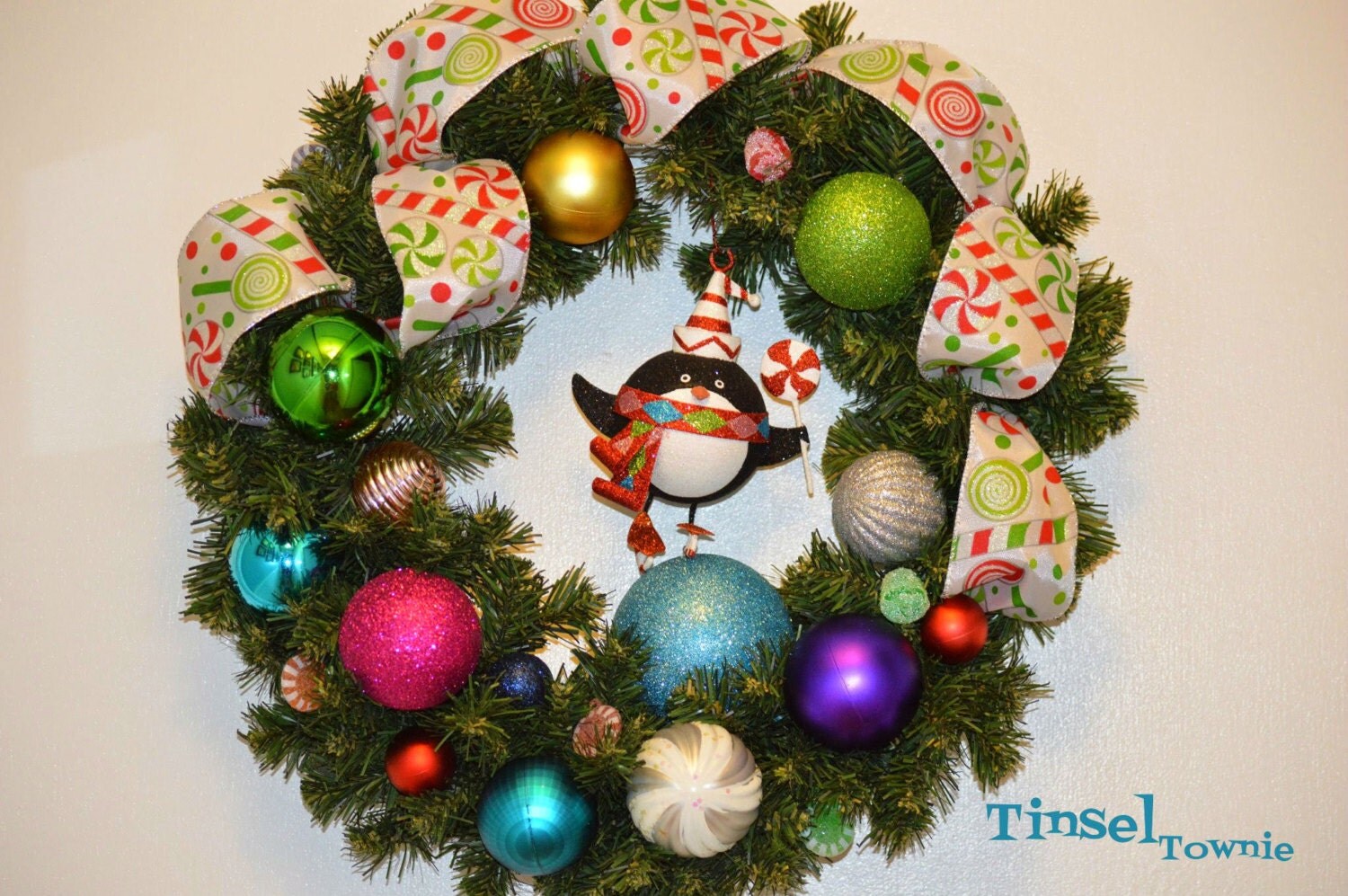 Skating Penguin Wreath; Christmas Wreath, Holiday Wreath, Candy Wreath, Ribbon Wreath, Multicolor Wreath, Glitter Wreath